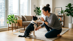 Person training their dog to sit in a small apartment