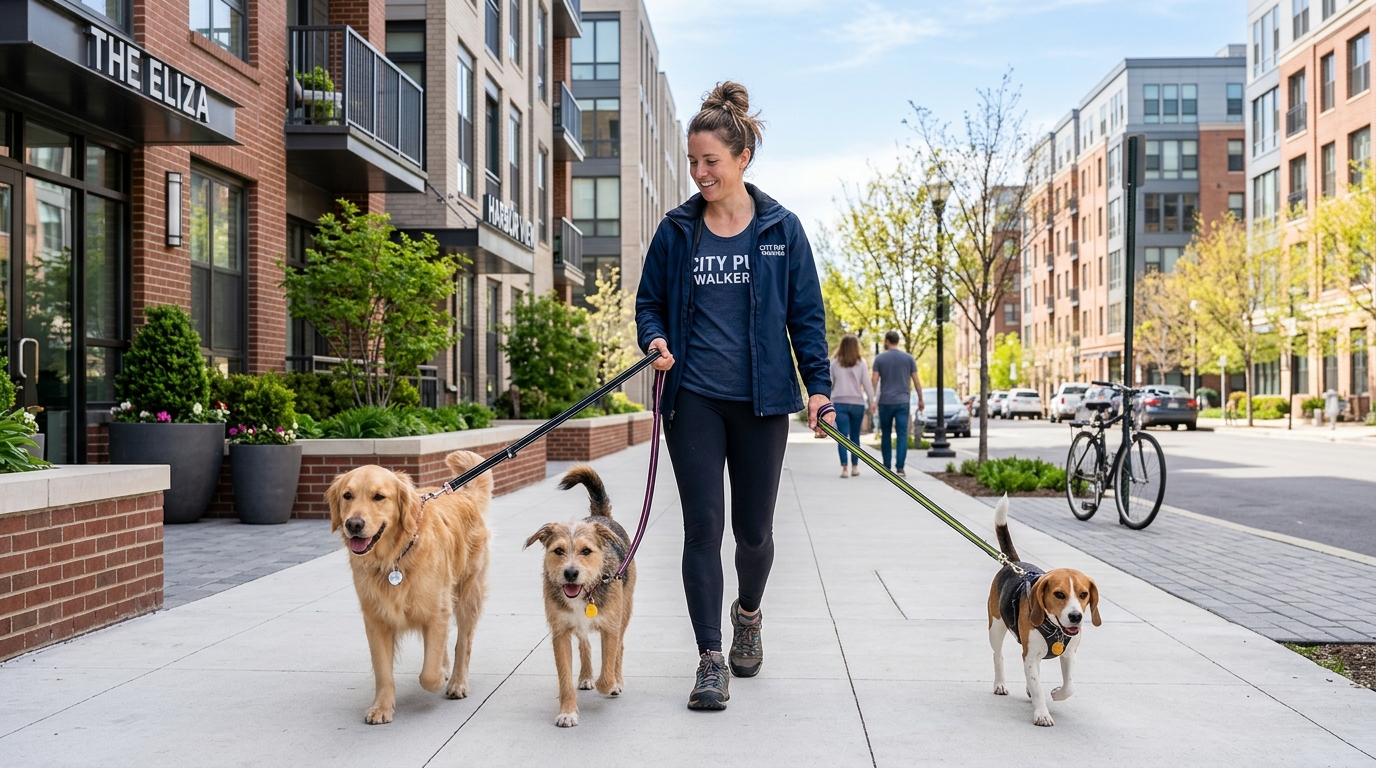 Professional dog walker leading dogs through neighborhood near apartment buildings