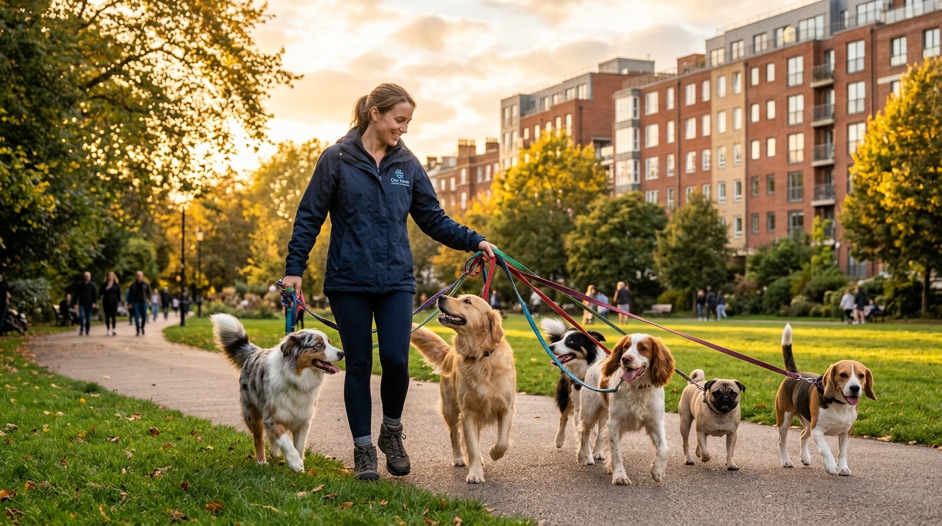 Dog walker with multiple happy dogs in urban city park near apartments