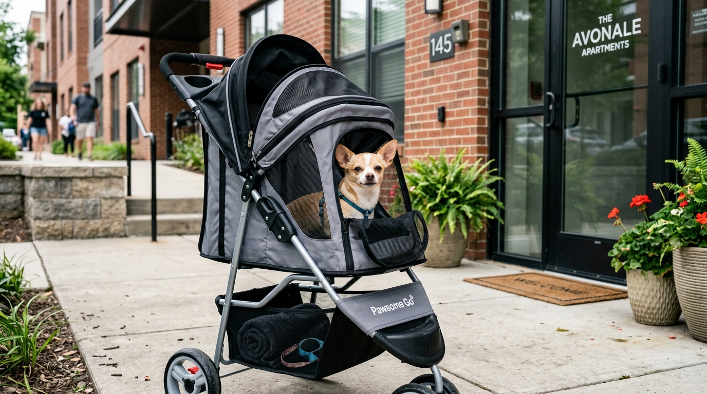 Lightweight foldable pet stroller parked at apartment building entrance