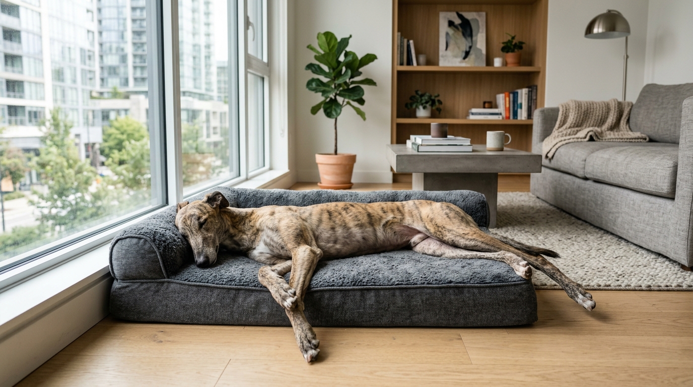 Greyhound stretched out relaxing on a dog bed in a modern apartment