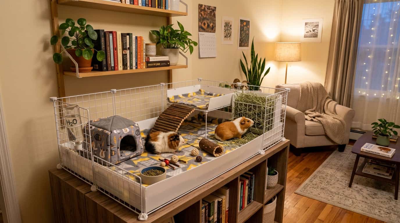 Cozy guinea pig habitat setup in a small apartment with multi-level cage and enrichment toys