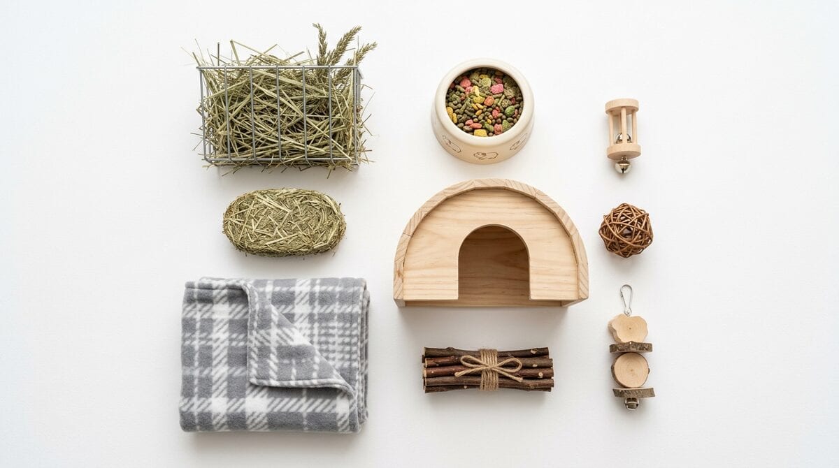 Guinea pig care supplies including fleece bedding, hay rack, ceramic bowl, wooden hideout and chew toys