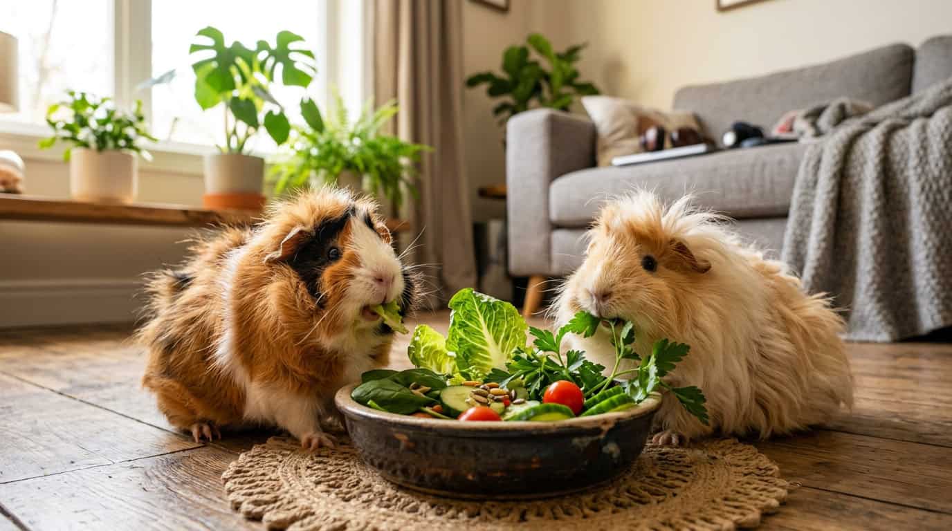 Two fluffy guinea pigs eating fresh vegetables in an apartment setting