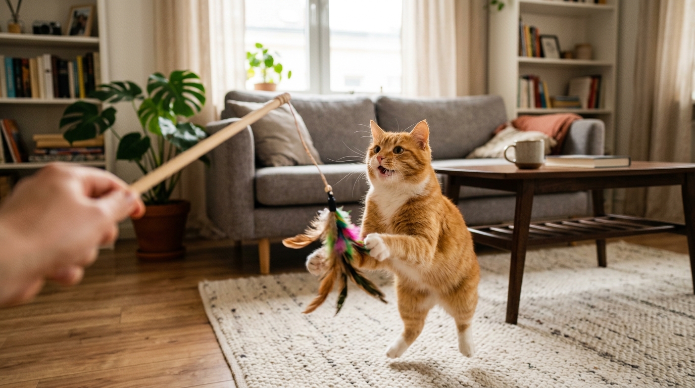 Happy indoor cat playing with a wand toy in a cozy apartment