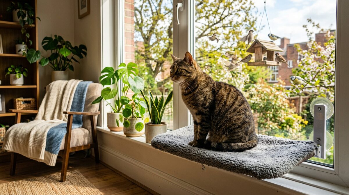 Tabby cat sitting on a window perch watching birds in a cozy apartment