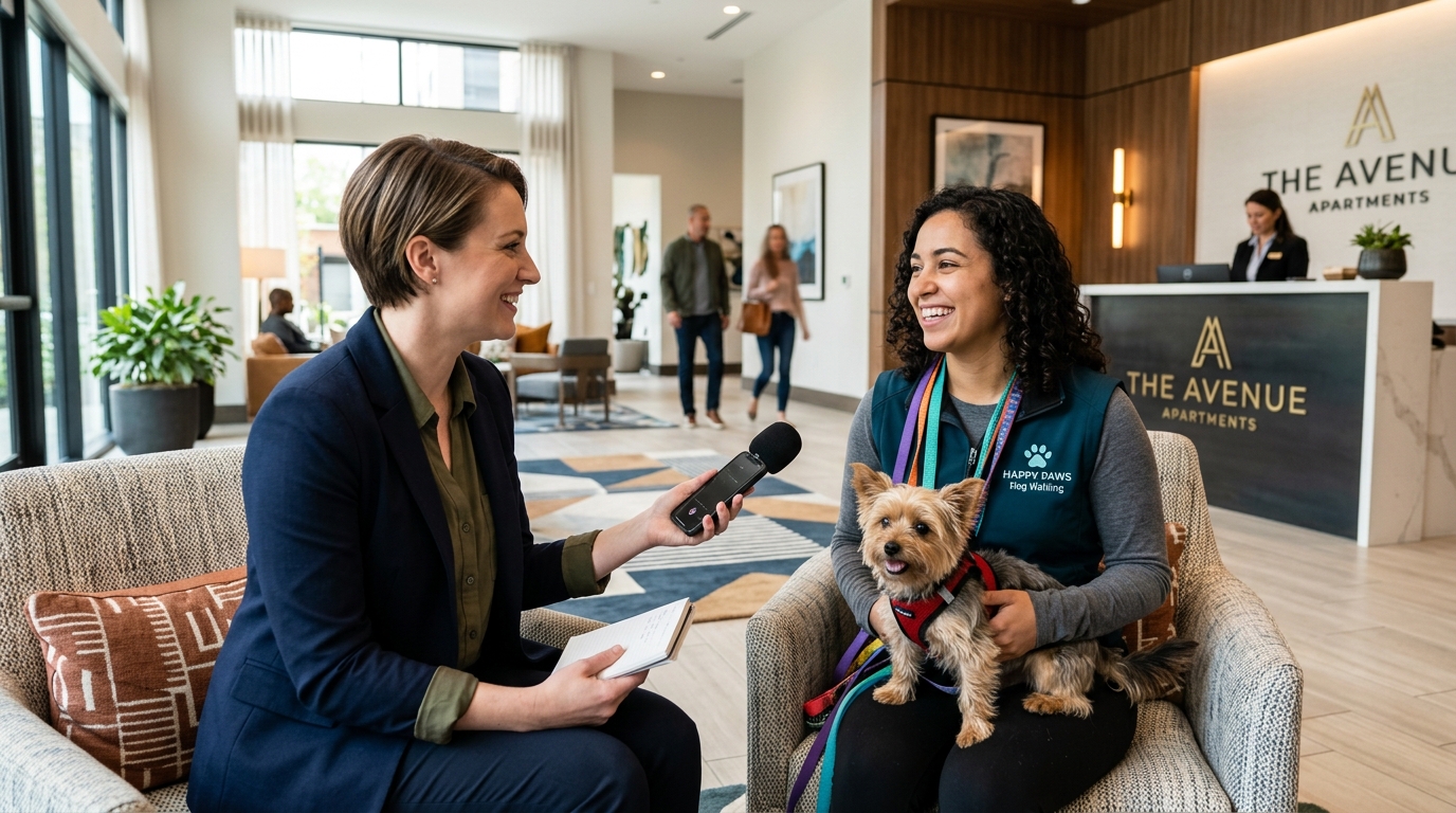 Apartment owner meeting and interviewing potential dog walker with small dog present