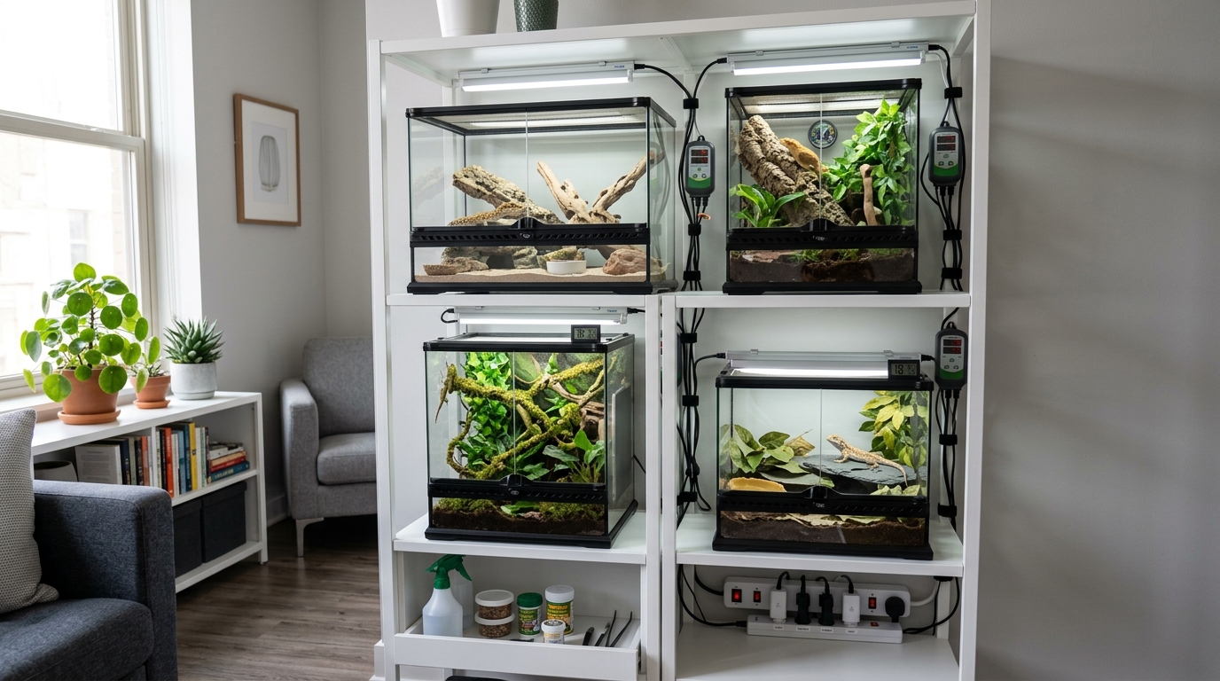 Organized shelving unit with multiple lizard terrariums in a compact apartment