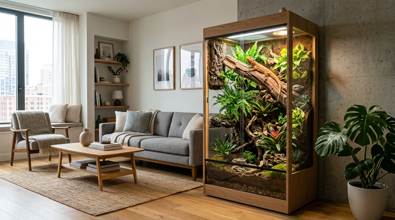 Space-saving lizard terrarium setup in a modern apartment