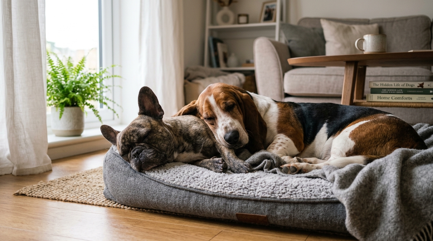 Basset Hound and French Bulldog resting comfortably in an apartment