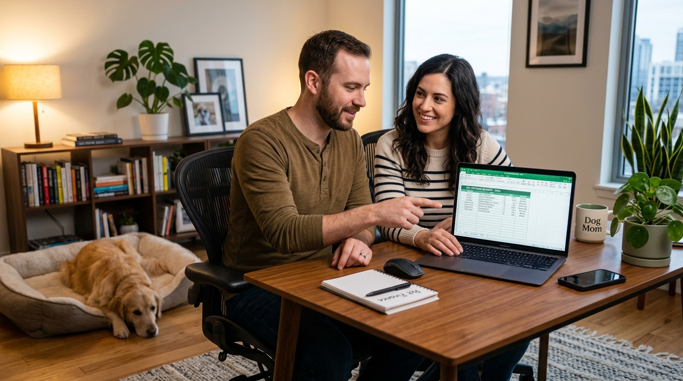 Couple reviewing pet budget on laptop with golden retriever in apartment