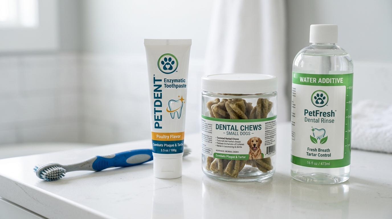 Pet dental care products including toothbrush, enzymatic toothpaste, dental chews and water additive