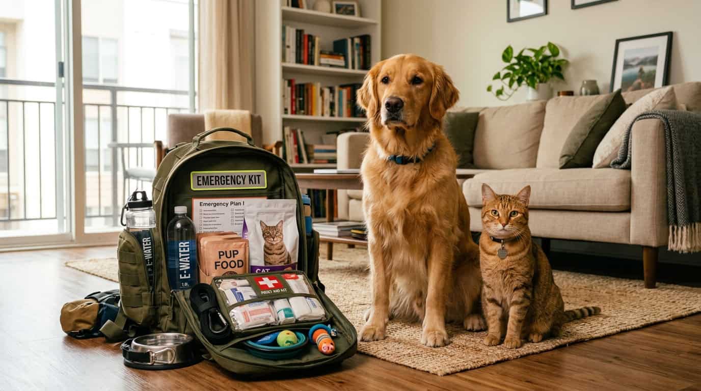 Dog and cat with emergency go-bag kit in an apartment