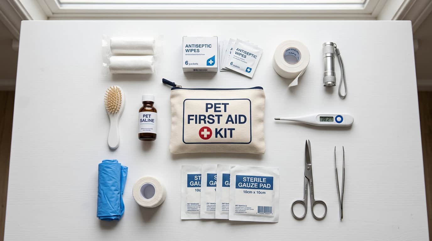 Pet first aid supplies laid out on a table