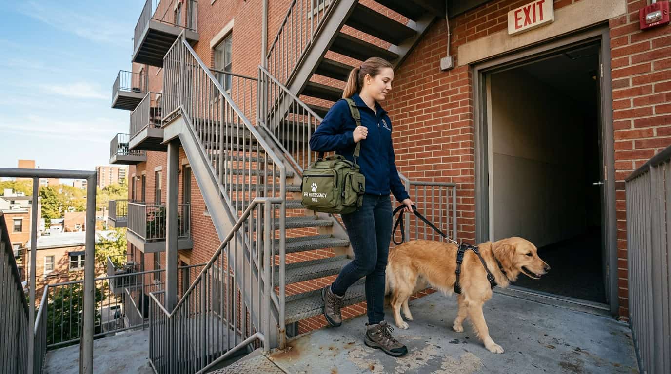 Person evacuating apartment building with dog on leash