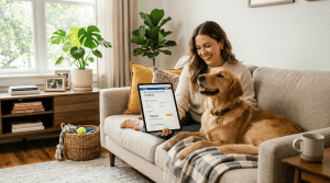 Pet owner reviewing insurance documents with dog on apartment couch