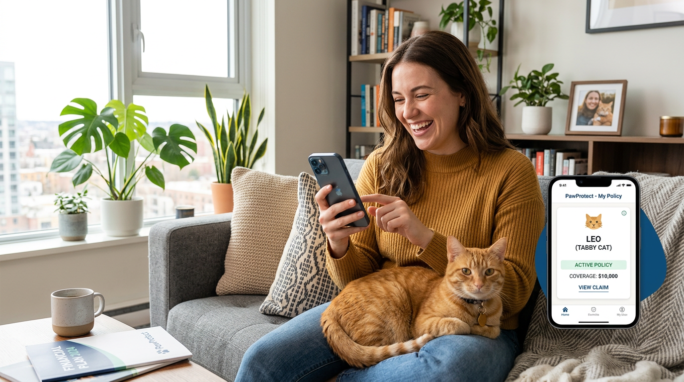 Apartment cat owner researching pet insurance on smartphone