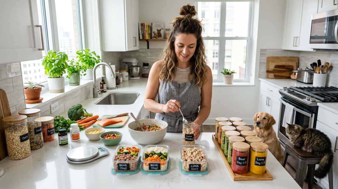 Busy pet owner meal prepping pet food in a modern apartment kitchen