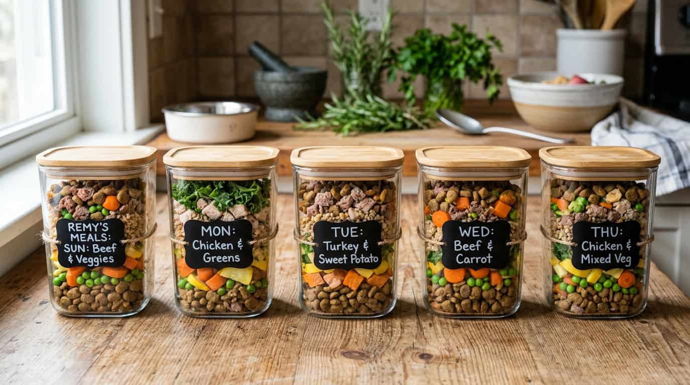 Healthy pet food meal prep in glass containers with vegetables and meat