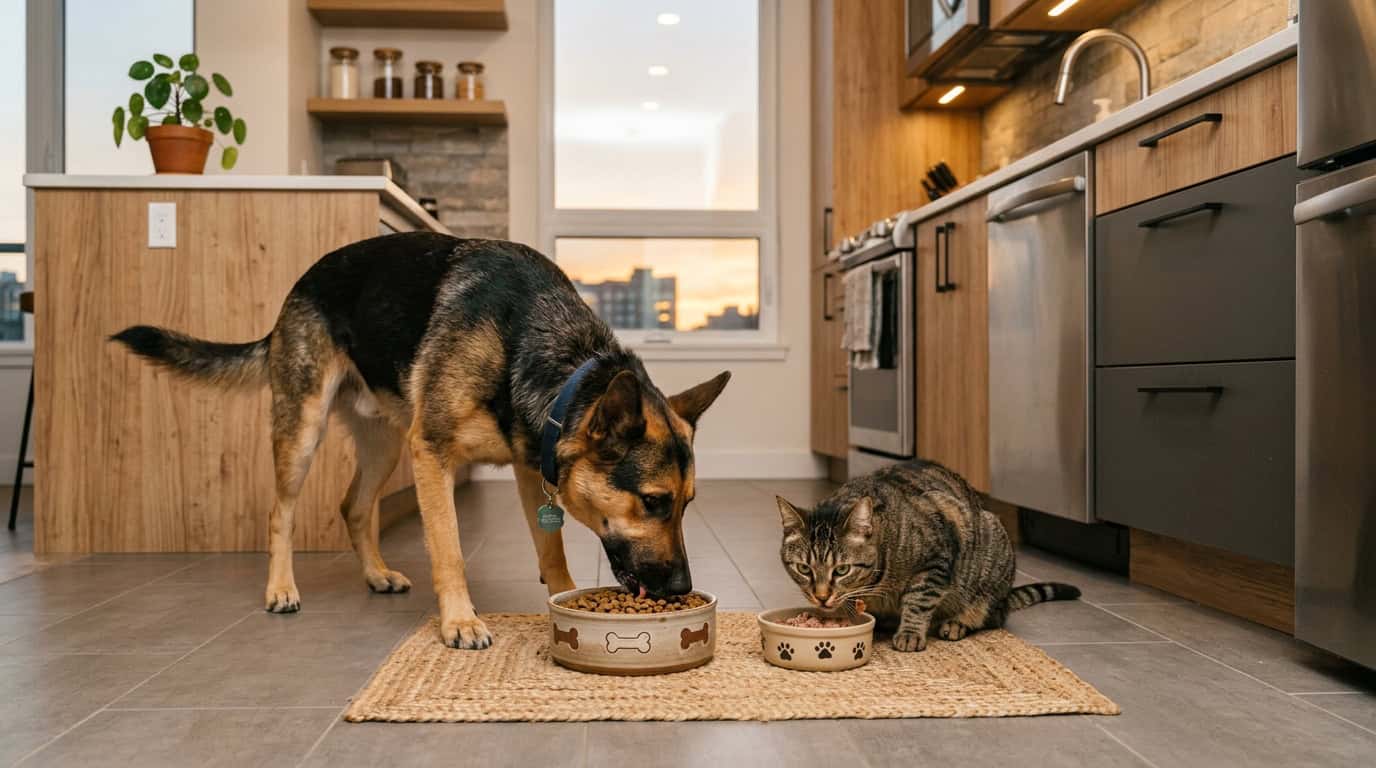 Dog and cat eating from their bowls side by side in a clean modern apartment kitchen