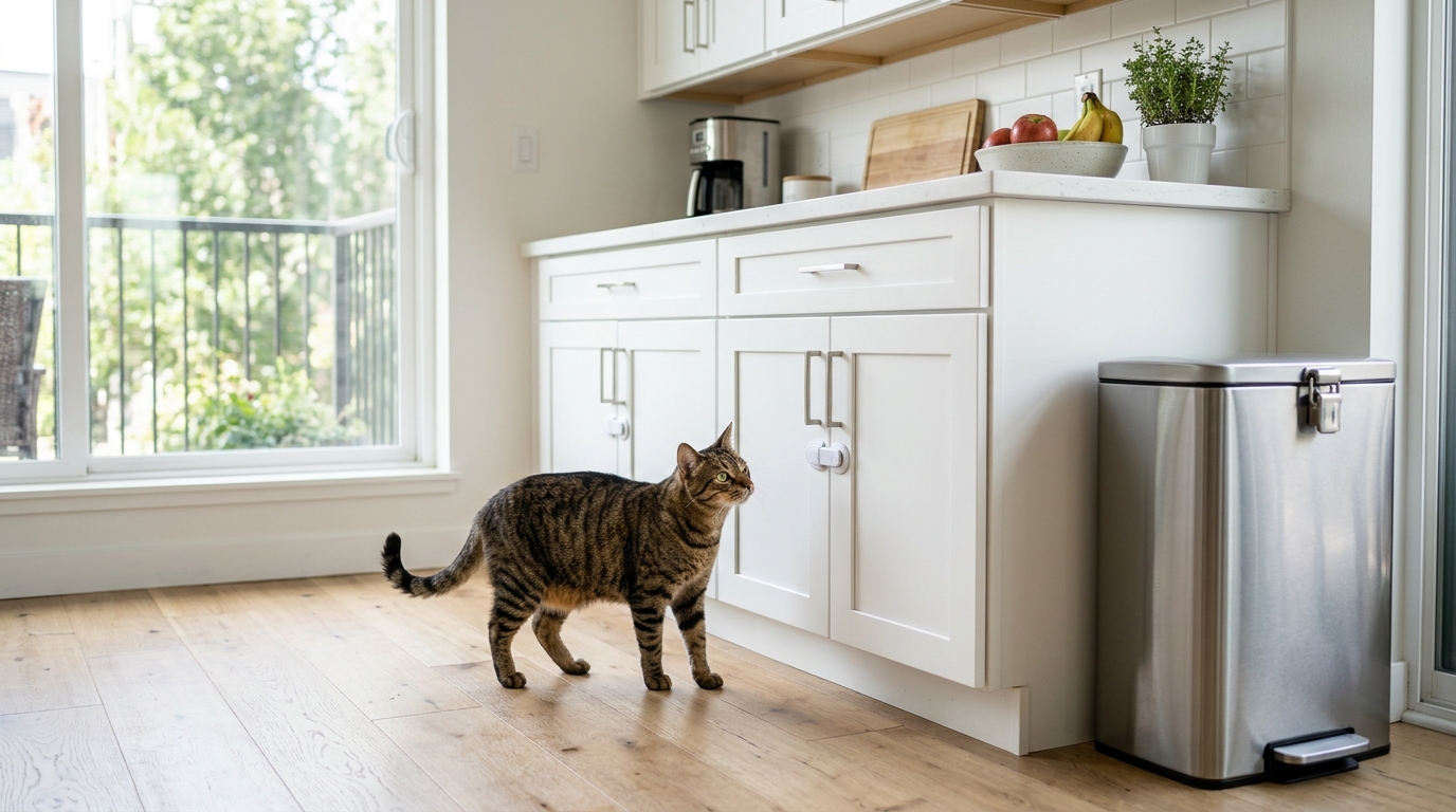 Cat exploring a pet-proofed apartment kitchen with cabinet locks and secured trash can