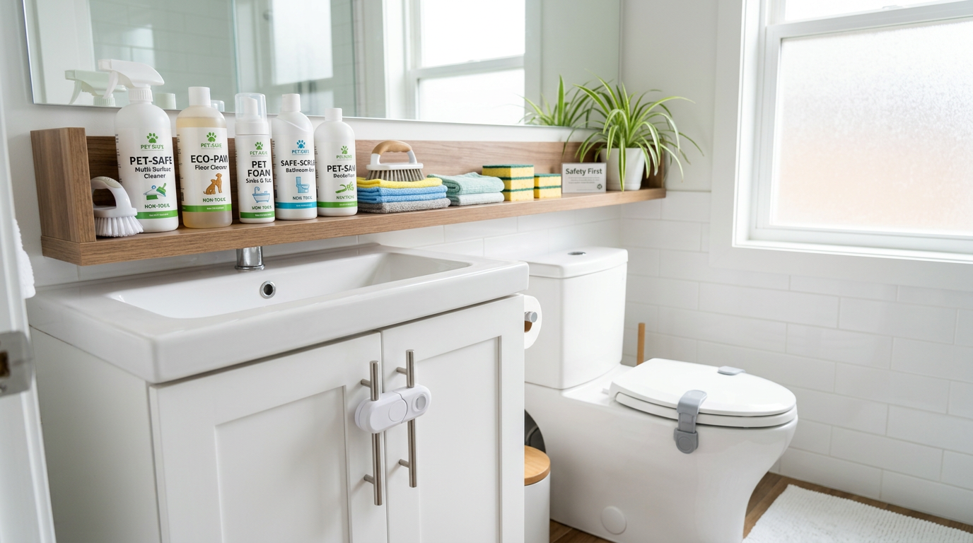 Pet-safe cleaning supplies and locked bathroom cabinets in a modern apartment