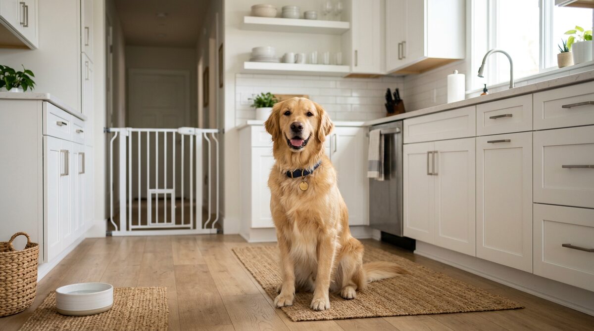Golden retriever dog in a safe, pet-proofed apartment kitchen with pet gate visible