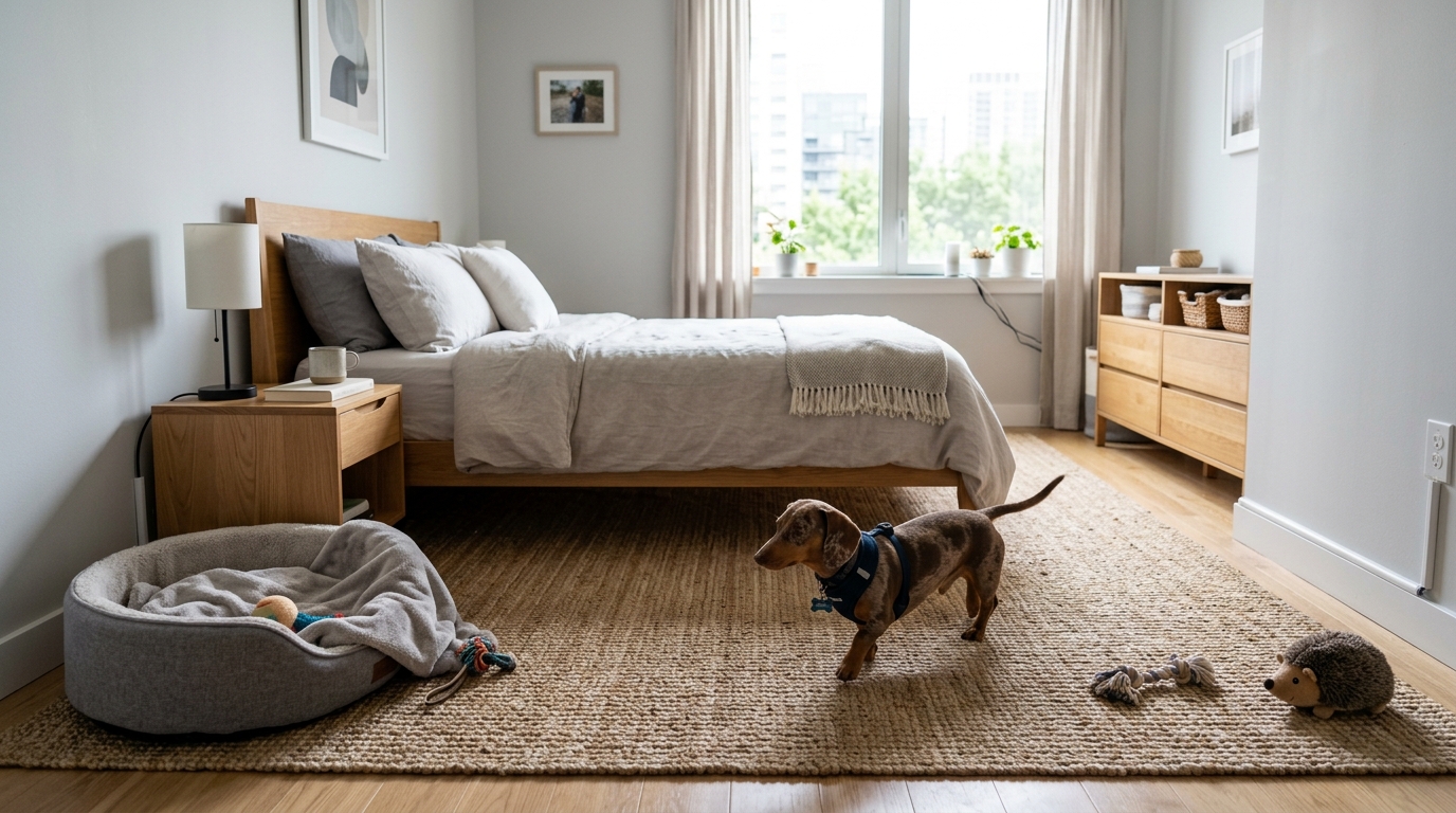 Small dog in a safely pet-proofed apartment bedroom with cord covers and non-slip rugs