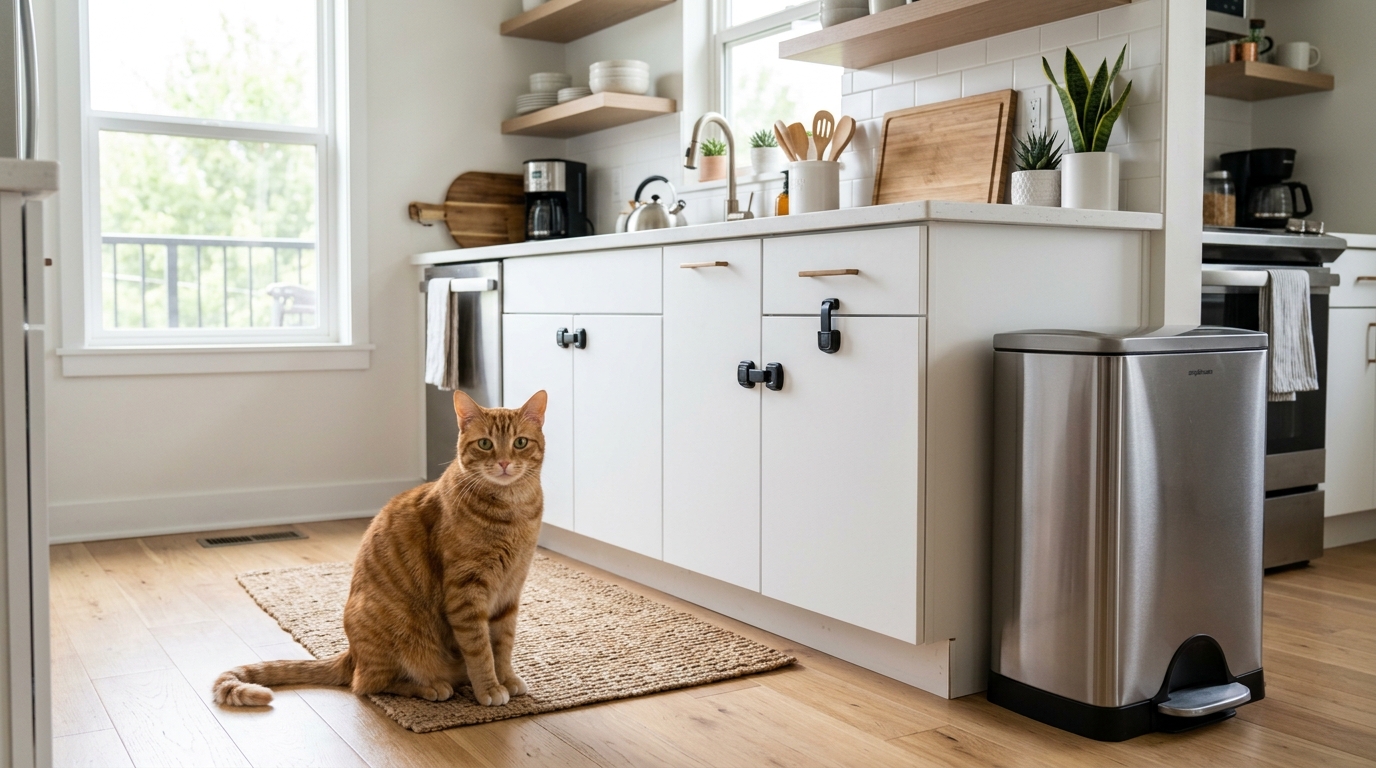 Cat in a pet-safe apartment kitchen with locked cabinets and no toxic items on countertops