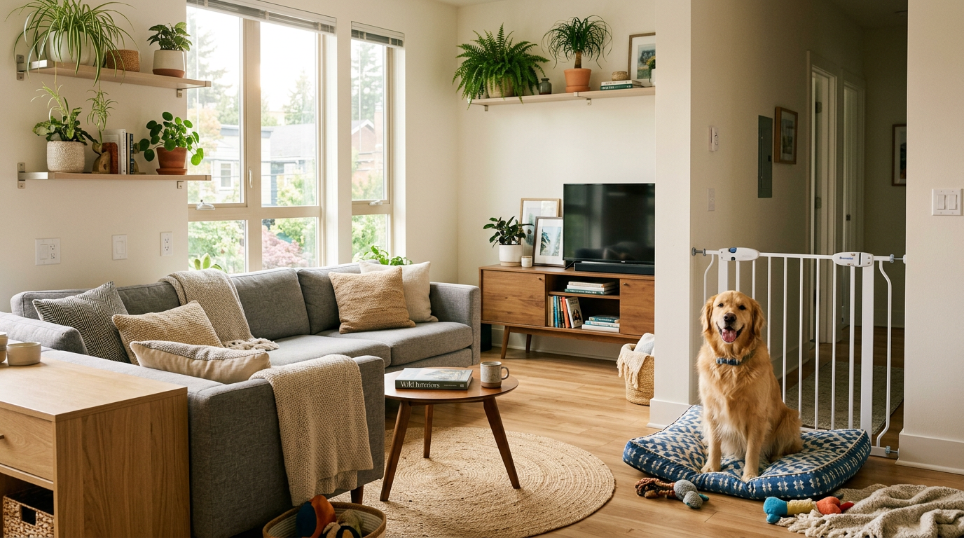 Dog sitting safely in a pet-proofed apartment living room with baby gates and secured outlets