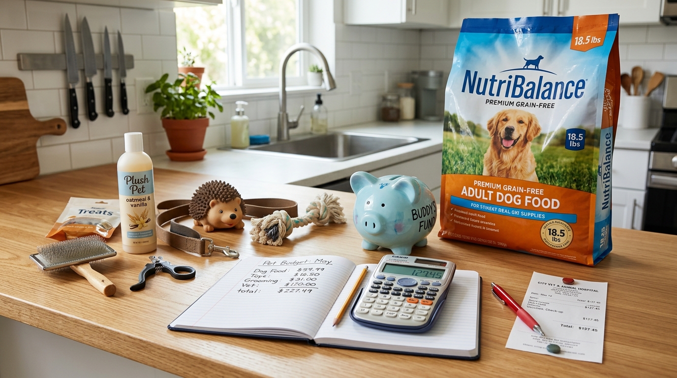 Pet supplies with calculator and piggy bank — budget planning for apartment pet owners