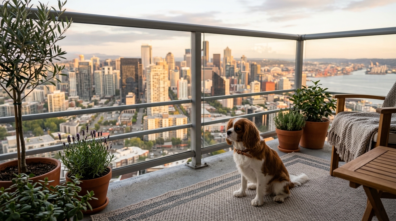 Quiet dog breed sitting peacefully on an apartment balcony