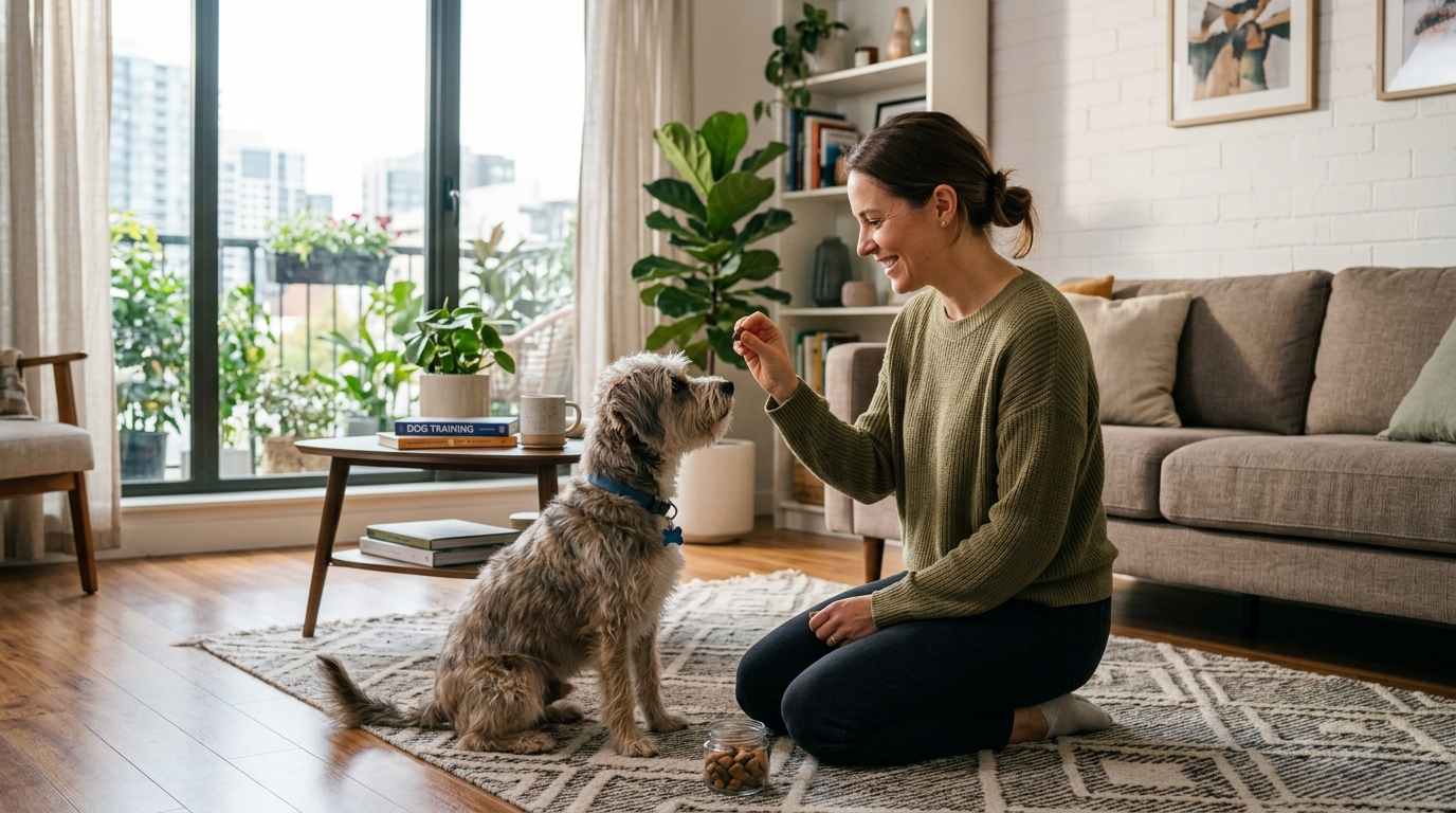 Owner training a quiet apartment dog with positive reinforcement