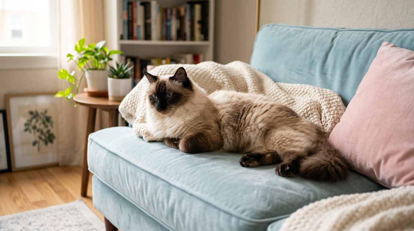 Ragdoll cat lounging on a sofa in a small apartment, calm and relaxed