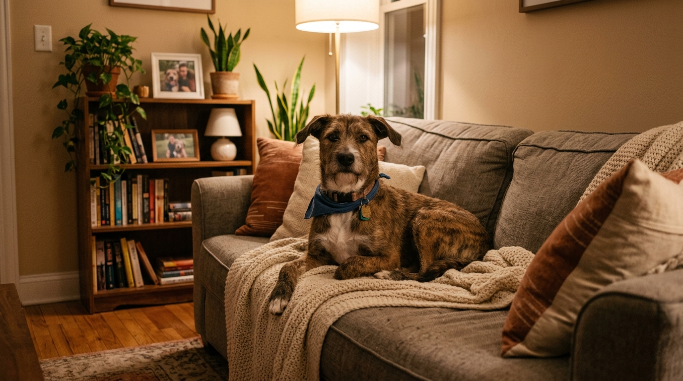 Rescue dog sitting calmly and contentedly in a cozy apartment