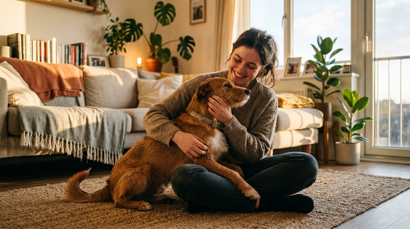 Owner bonding with rescue dog on apartment floor