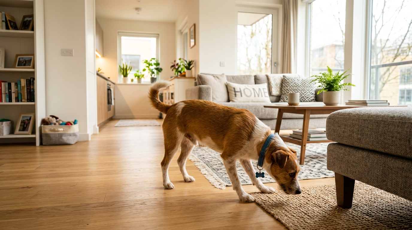 Rescue dog exploring a new apartment home with curiosity and happiness