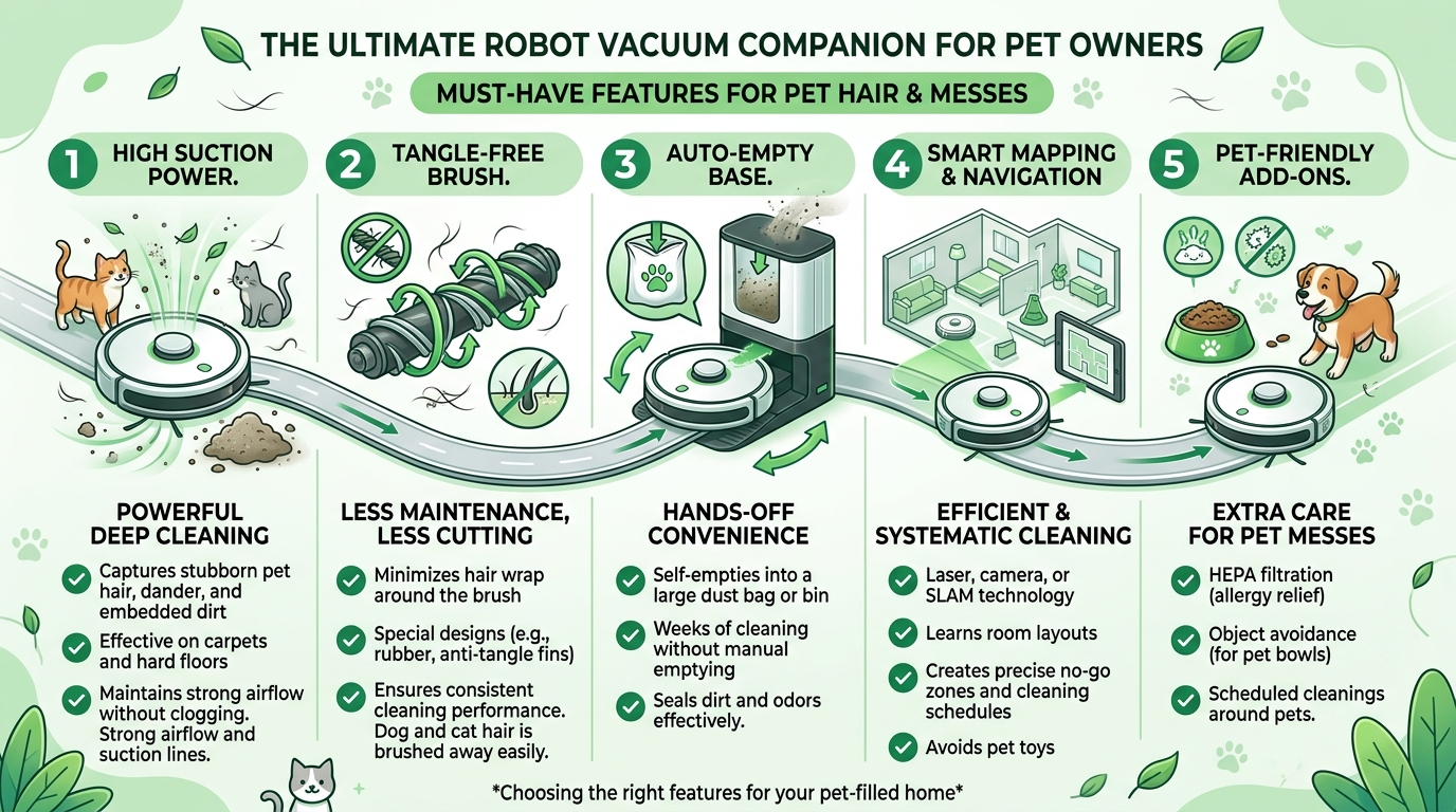 Comparison infographic of robot vacuum features for pet owners: suction, brush type, mapping, auto-empty