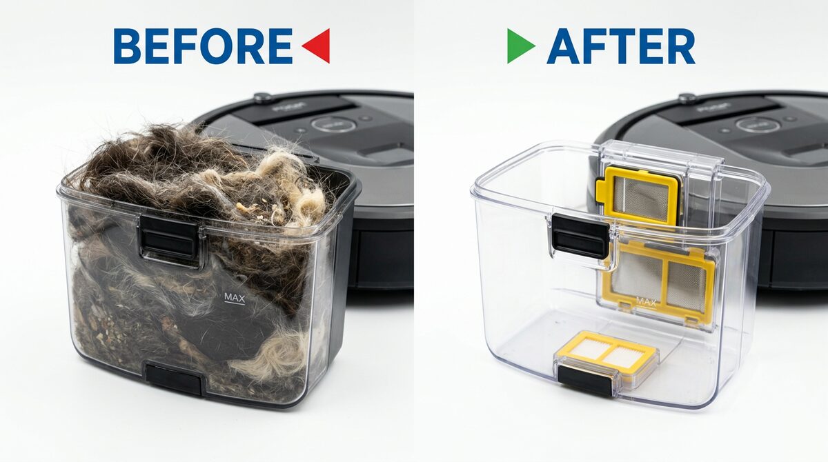 Robot vacuum dustbin full of collected pet hair, before and after comparison