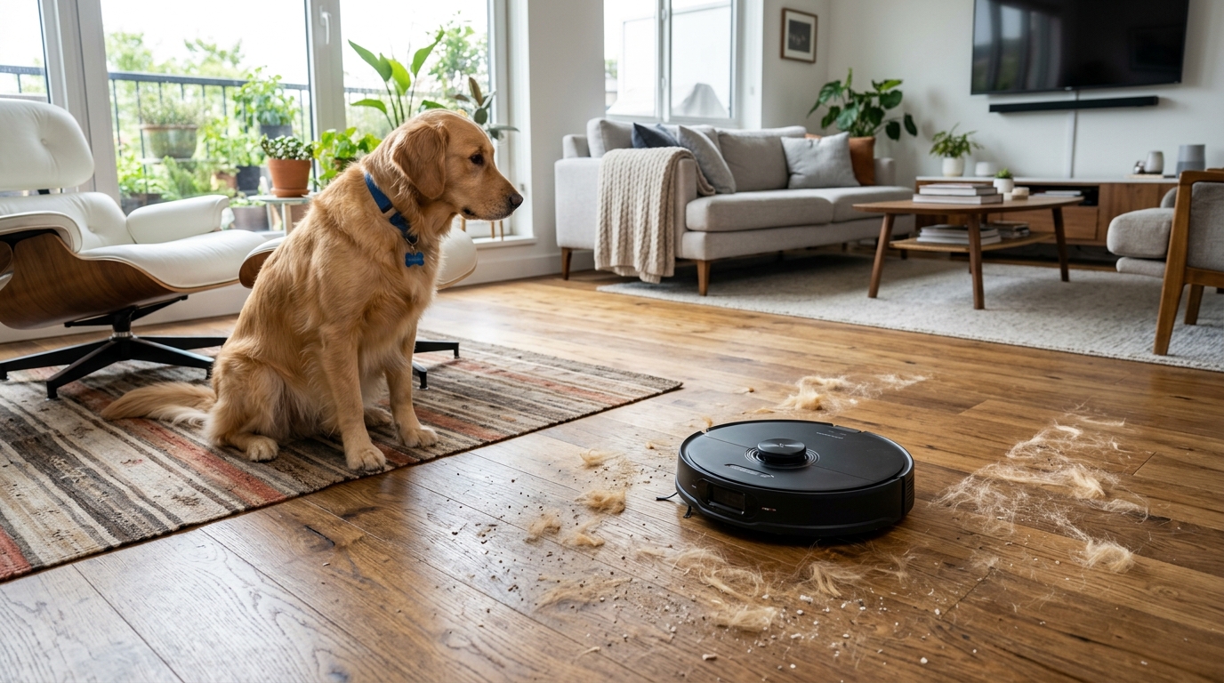 Robot vacuum cleaning pet hair from hardwood floors while a dog watches curiously