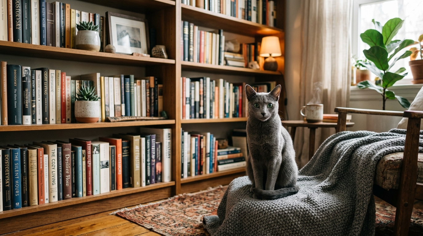 Russian Blue cat sitting elegantly beside a bookshelf in a cozy apartment