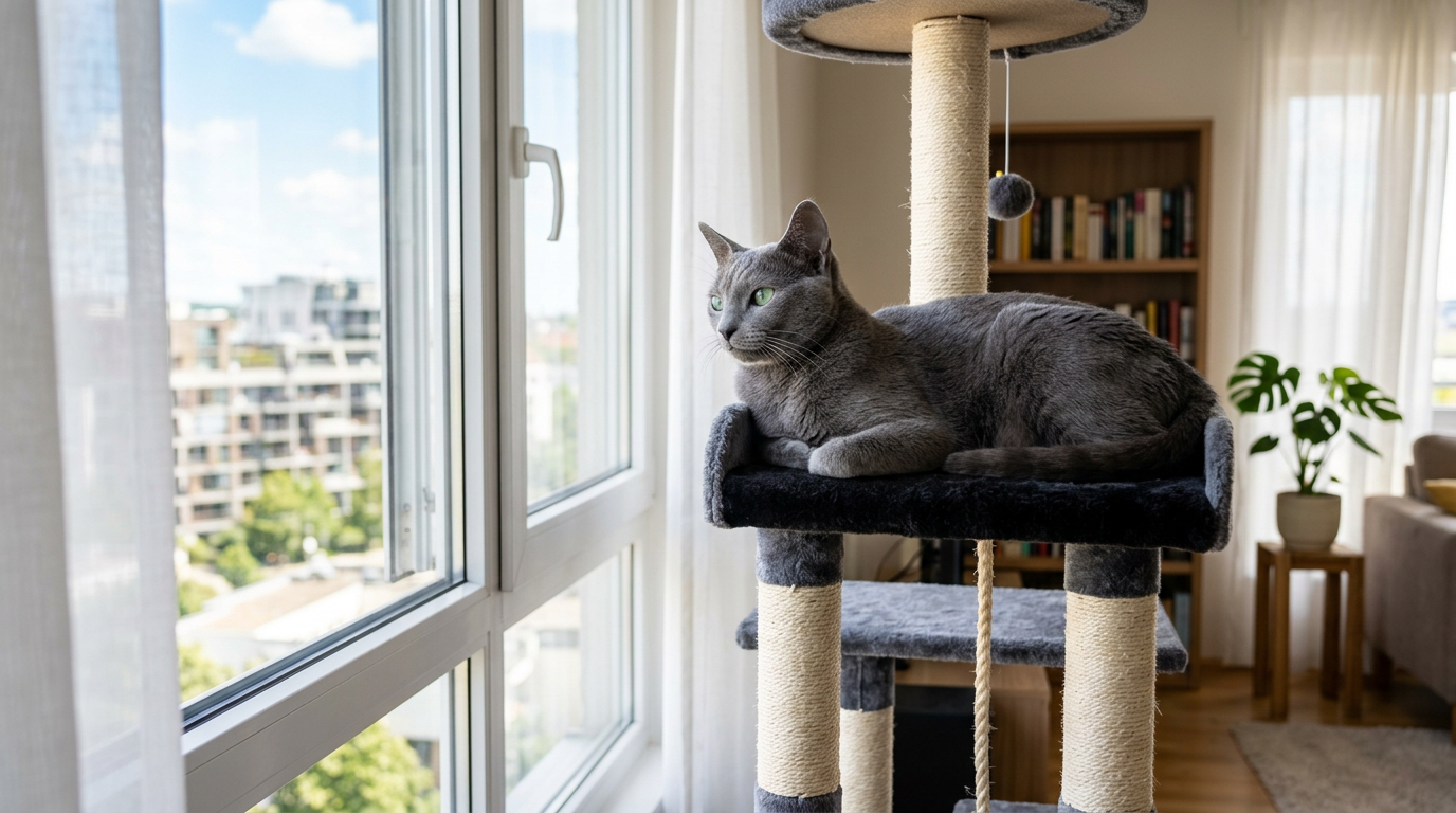 Russian Blue cat lounging on a cat tree near a bright apartment window