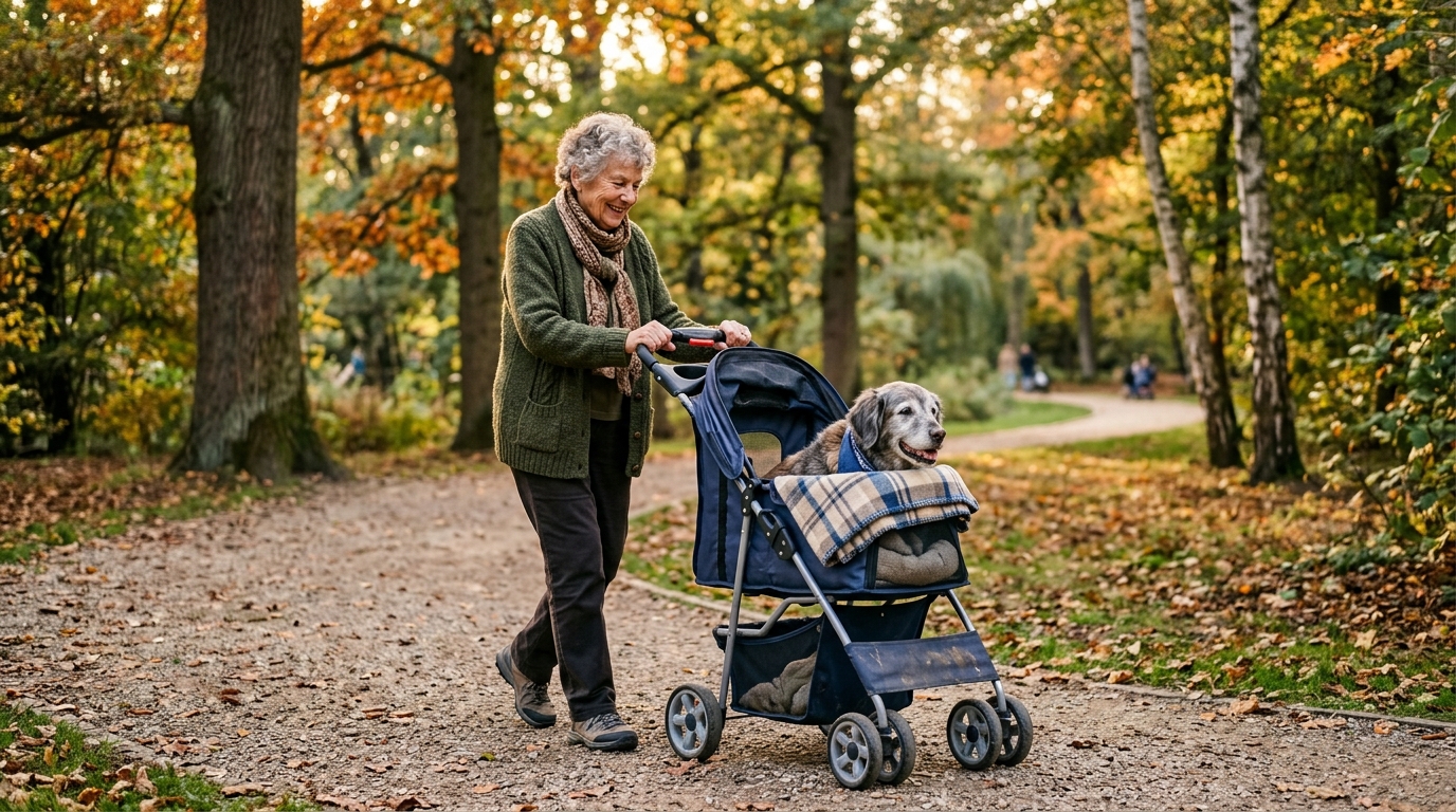 Senior dog enjoying a park stroll in a pet stroller with owner
