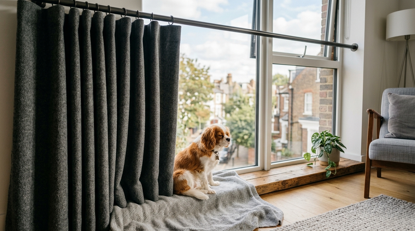 Thick acoustic curtains hanging in apartment window with calm dog nearby