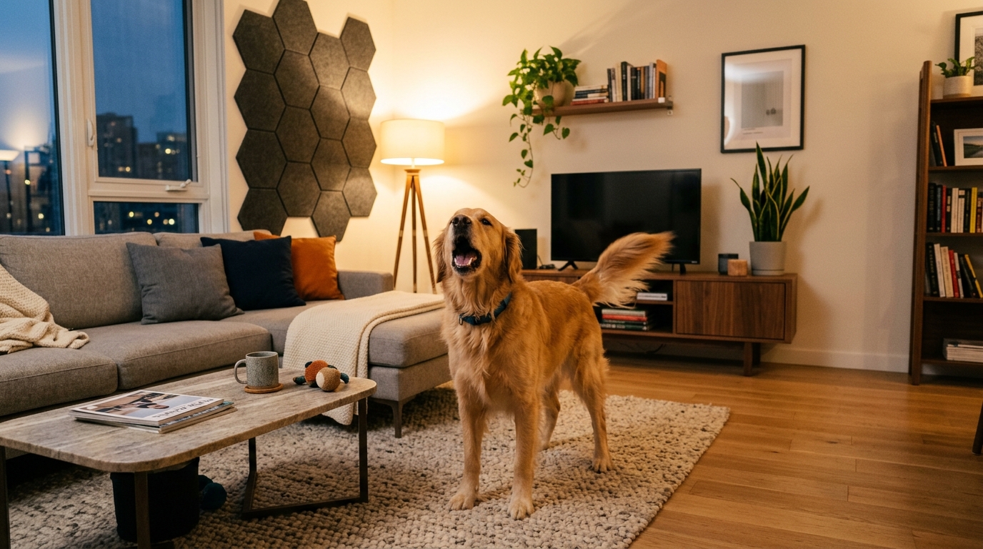 Dog in soundproofed apartment with acoustic panels on the wall