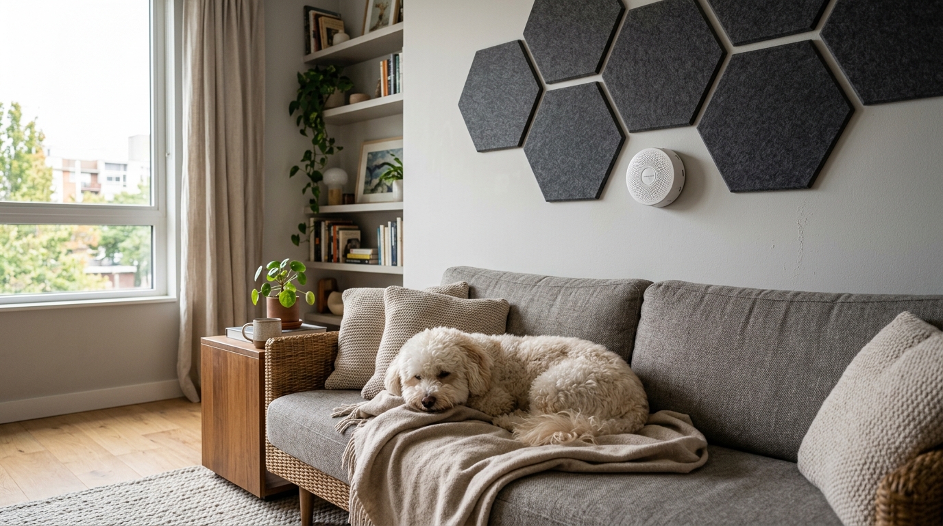 Calm dog resting in apartment with white noise machine on shelf
