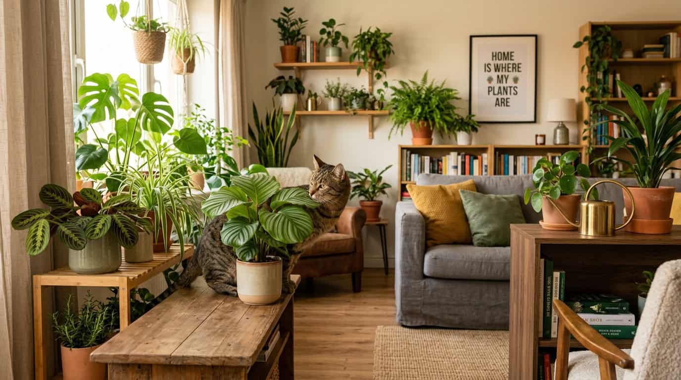 10 toxic houseplants for pets sitting on a shelf near a curious cat