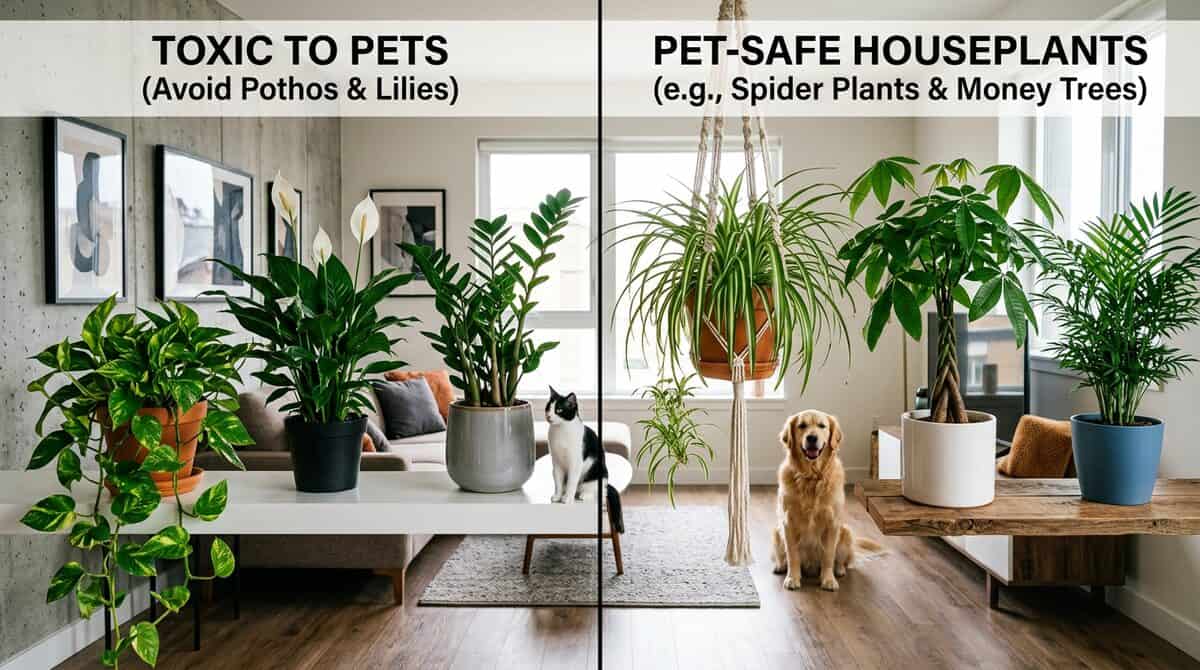 Cat sitting next to a Peace Lily — one of the most common toxic houseplants for pets
