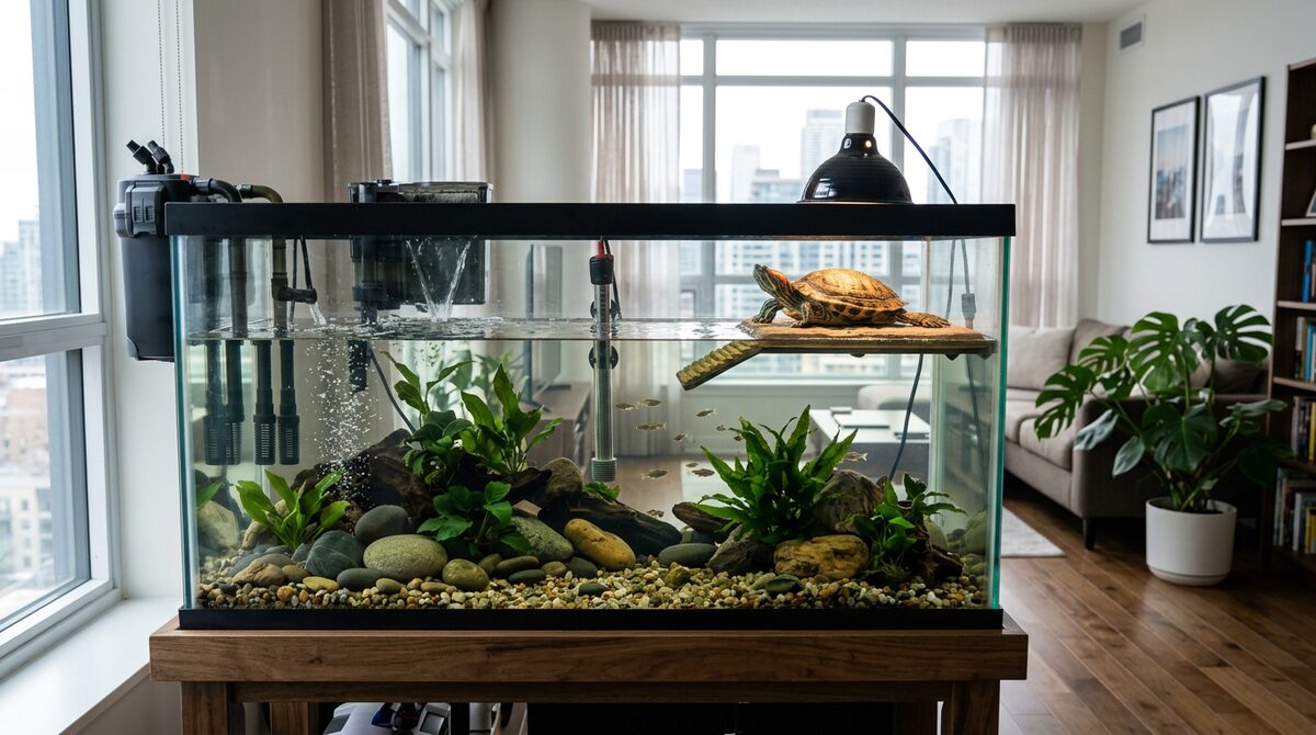 Well-maintained turtle aquarium with red-eared slider basking on dock in apartment