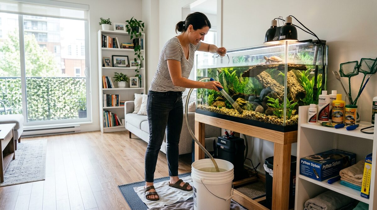Apartment turtle tank owner doing water change with gravel vacuum